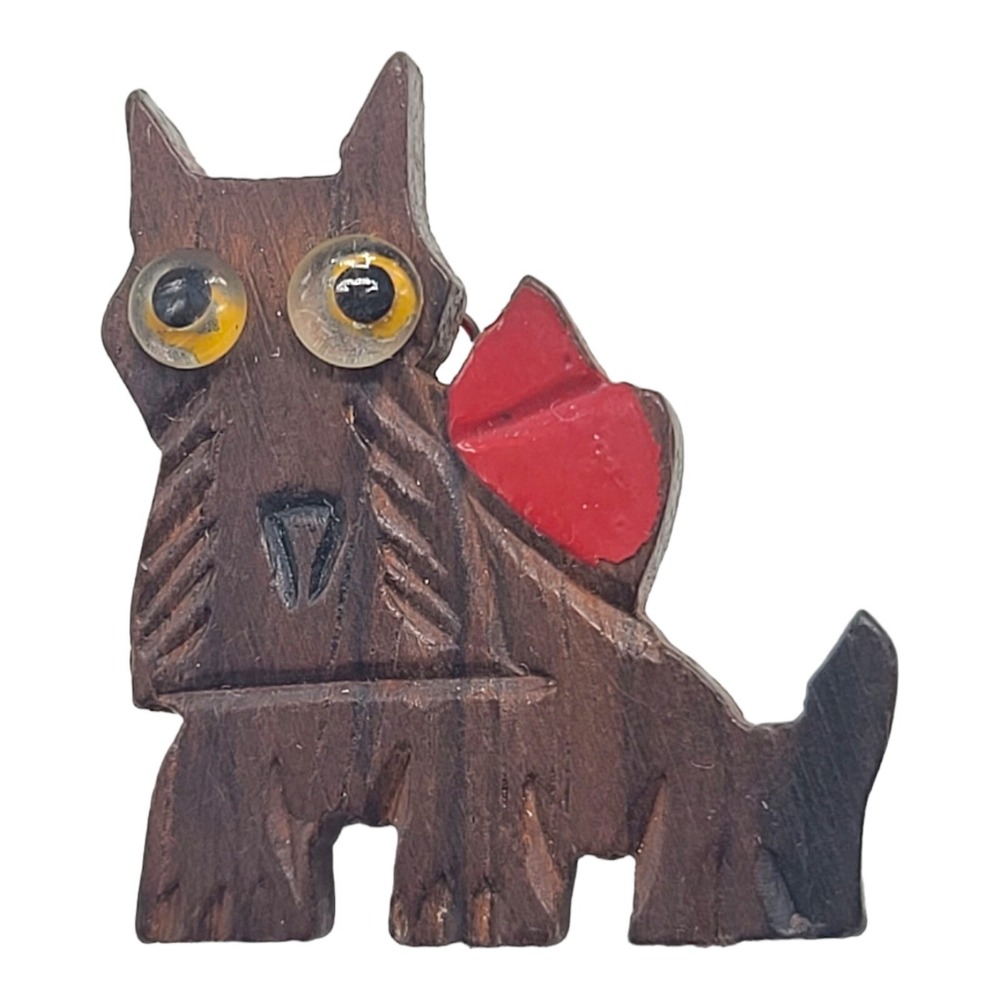Vintage Wood Scottie Dog Brooch Pin Googly Eyes Scottish Terrier Brown Red Bow